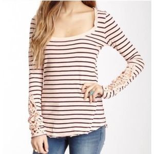 Free People Lace Sleeve Stripe Top